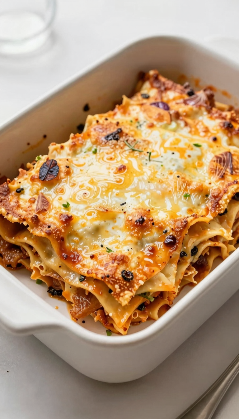 Overhead baking dish of classic lasagna fresh from the oven