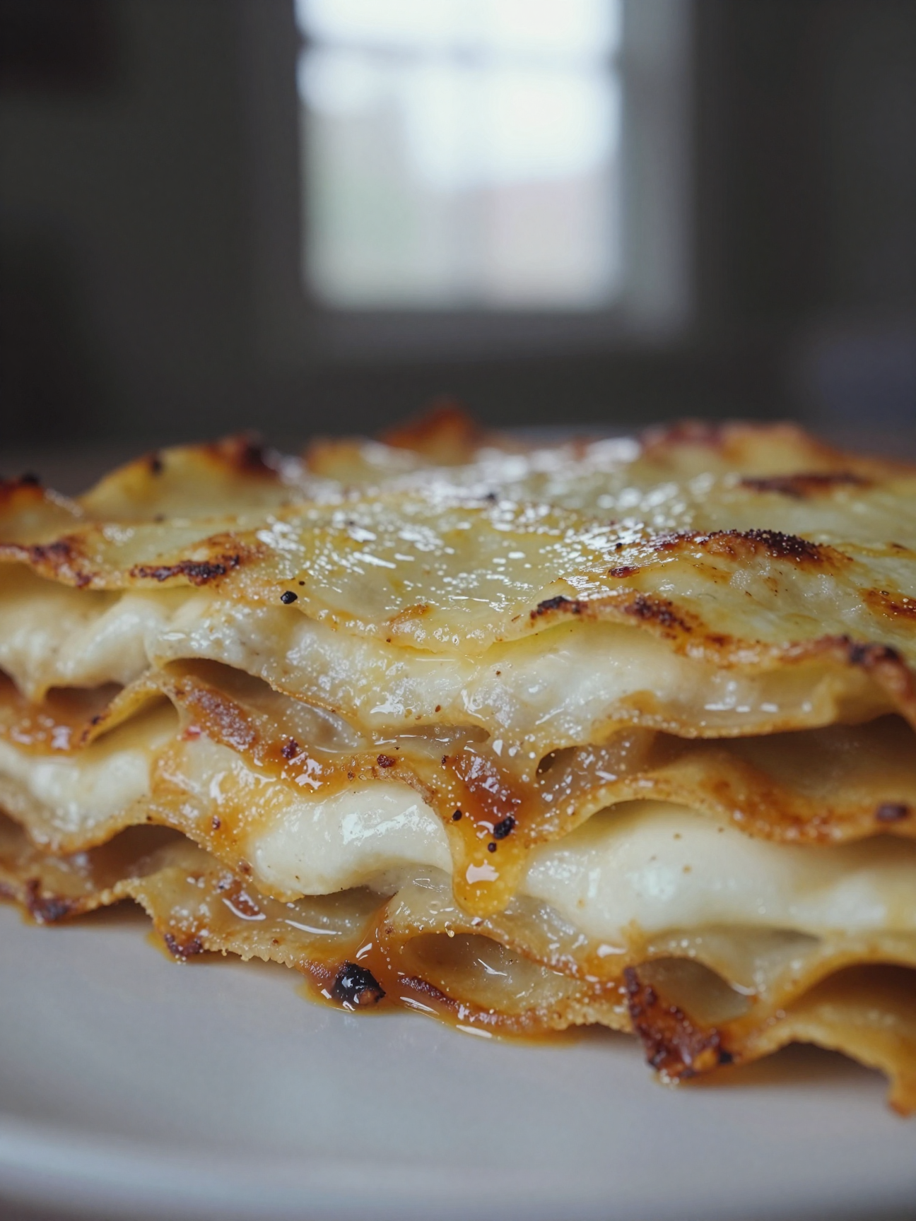 Close-up of lasagna layers showing ricotta and melted mozzarella