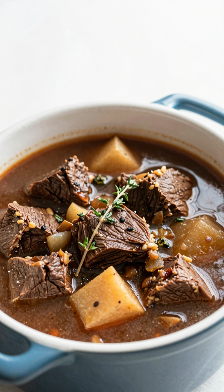 Overhead bowl of crockpot beef stew garnished with thyme
