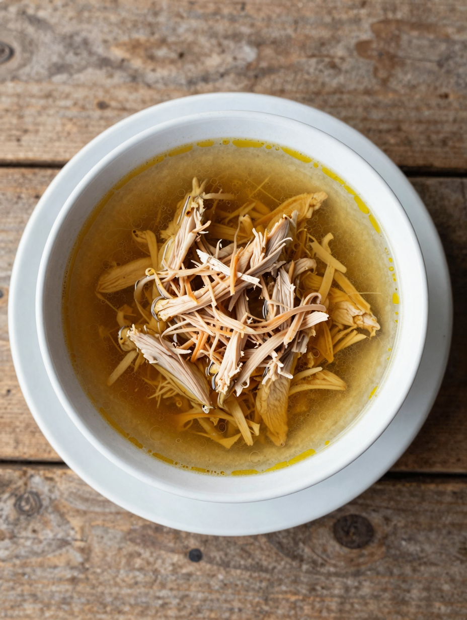 Bowl of shredded crockpot chicken in its cooking broth