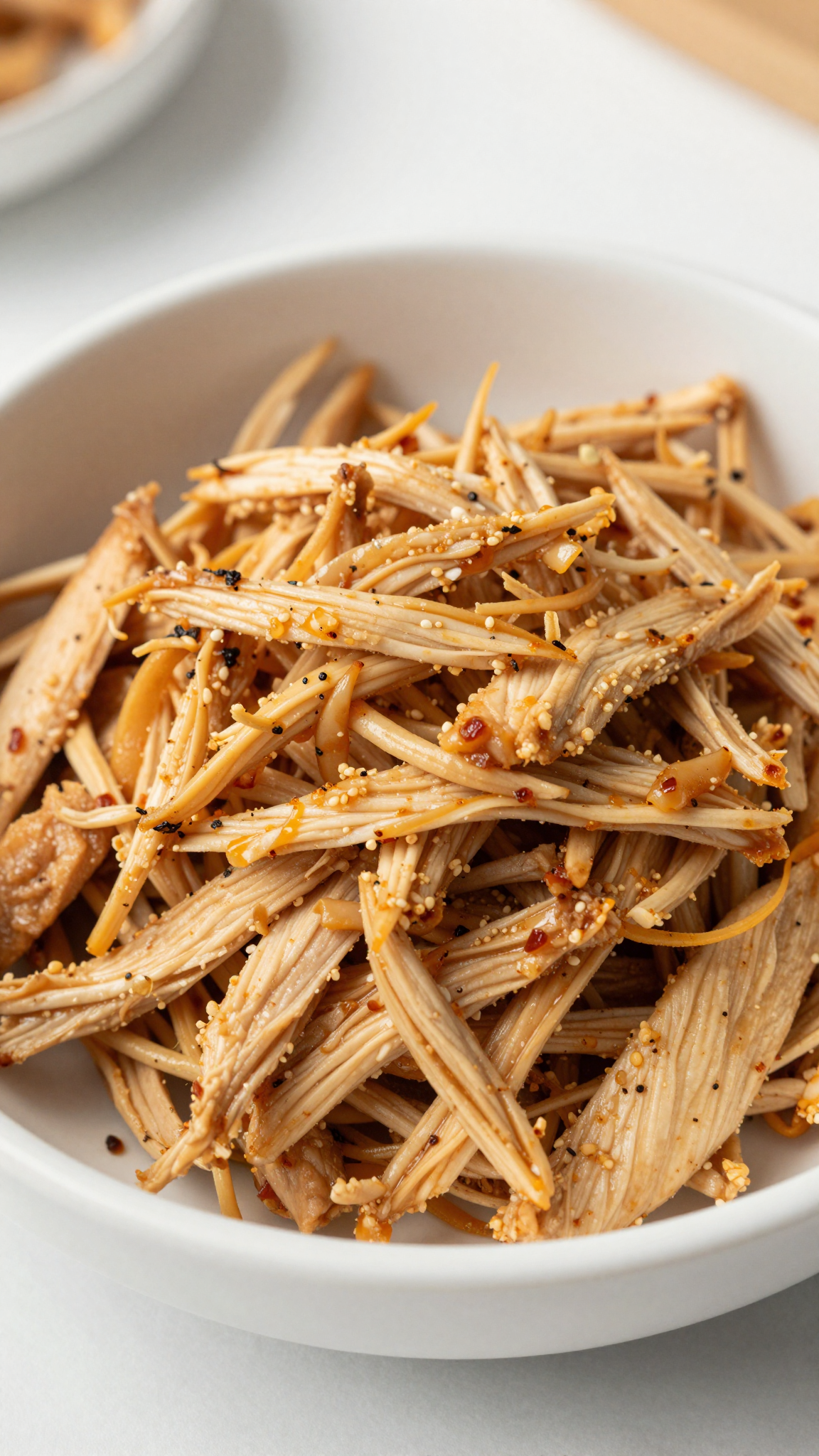 Overhead bowl of shredded crockpot chicken ready to use