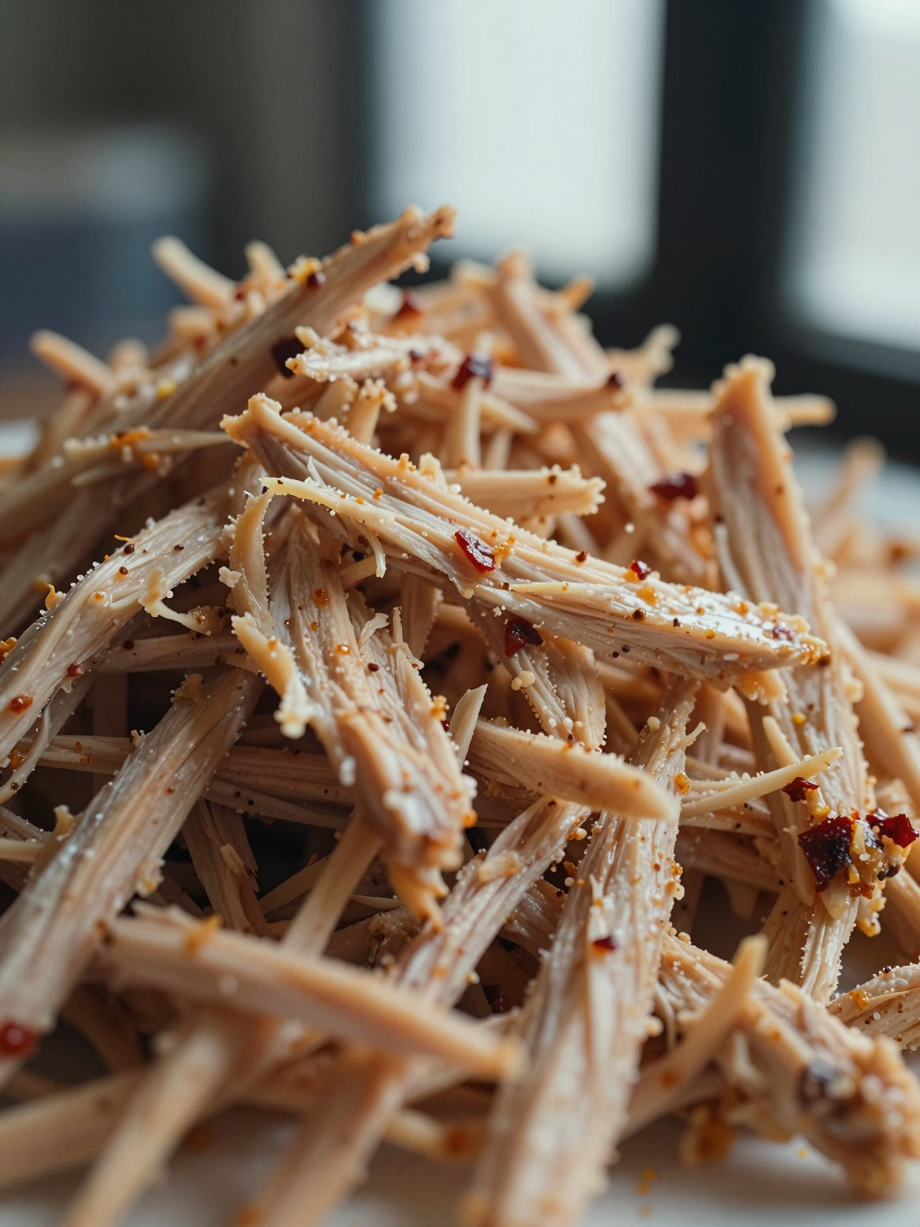 Close-up of shredded crockpot chicken showing tender texture
