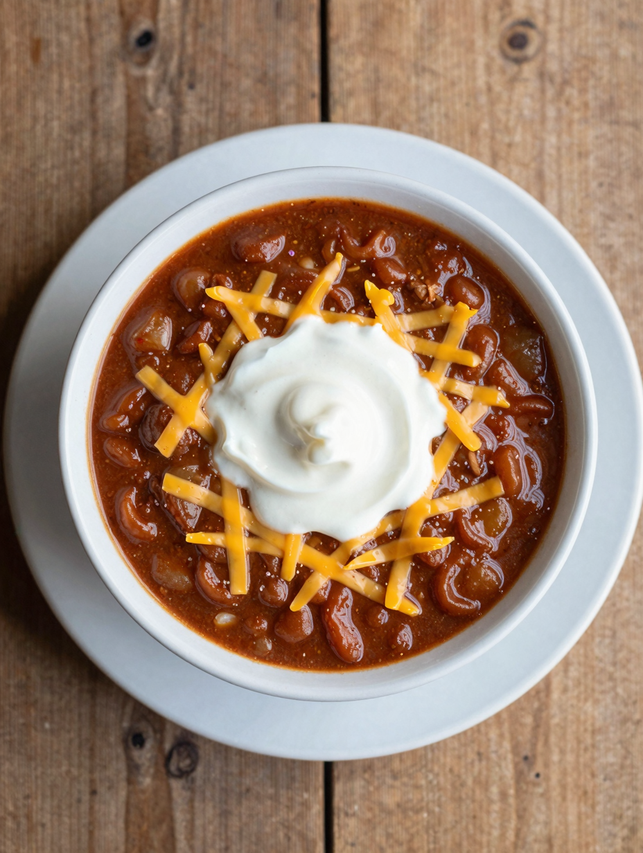 Bowl of crockpot chili topped with cheese and sour cream