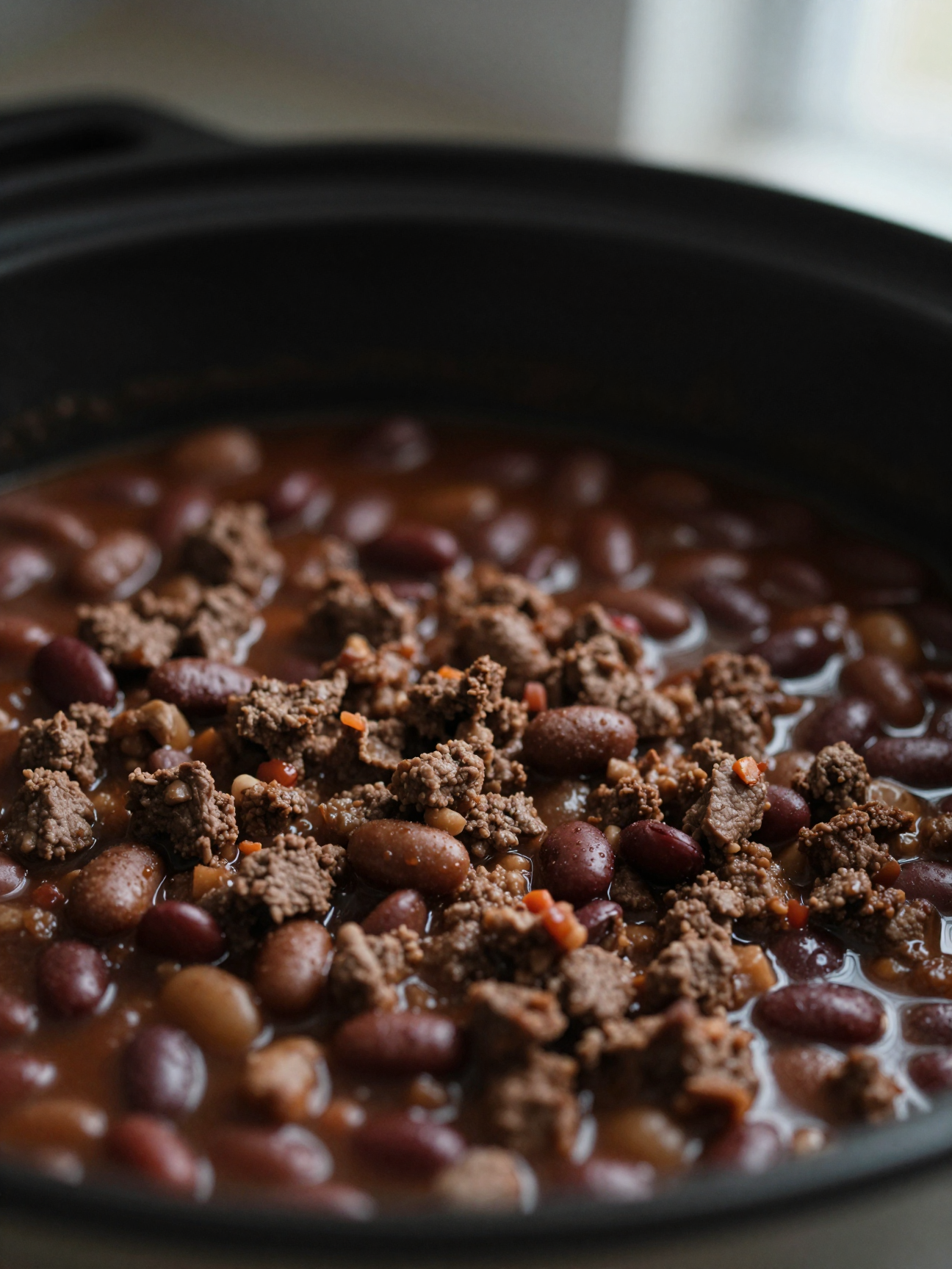 Close-up of crockpot chili showing beans and ground beef texture
