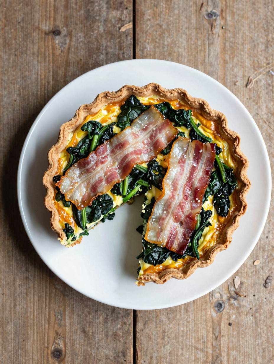 Crustless quiche with spinach and bacon sliced on a plate
