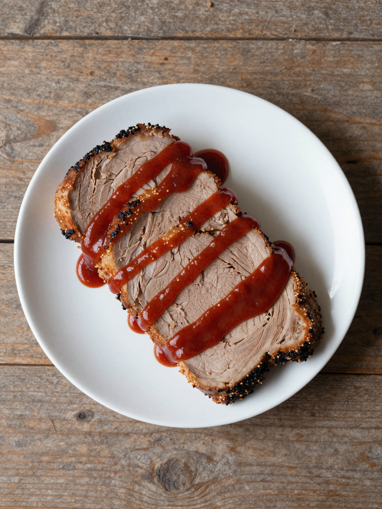 Sliced meatloaf with glossy ketchup glaze on a platter