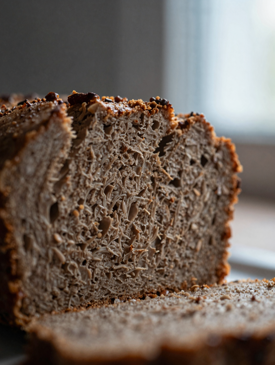 Close-up of meatloaf slice showing moist interior texture