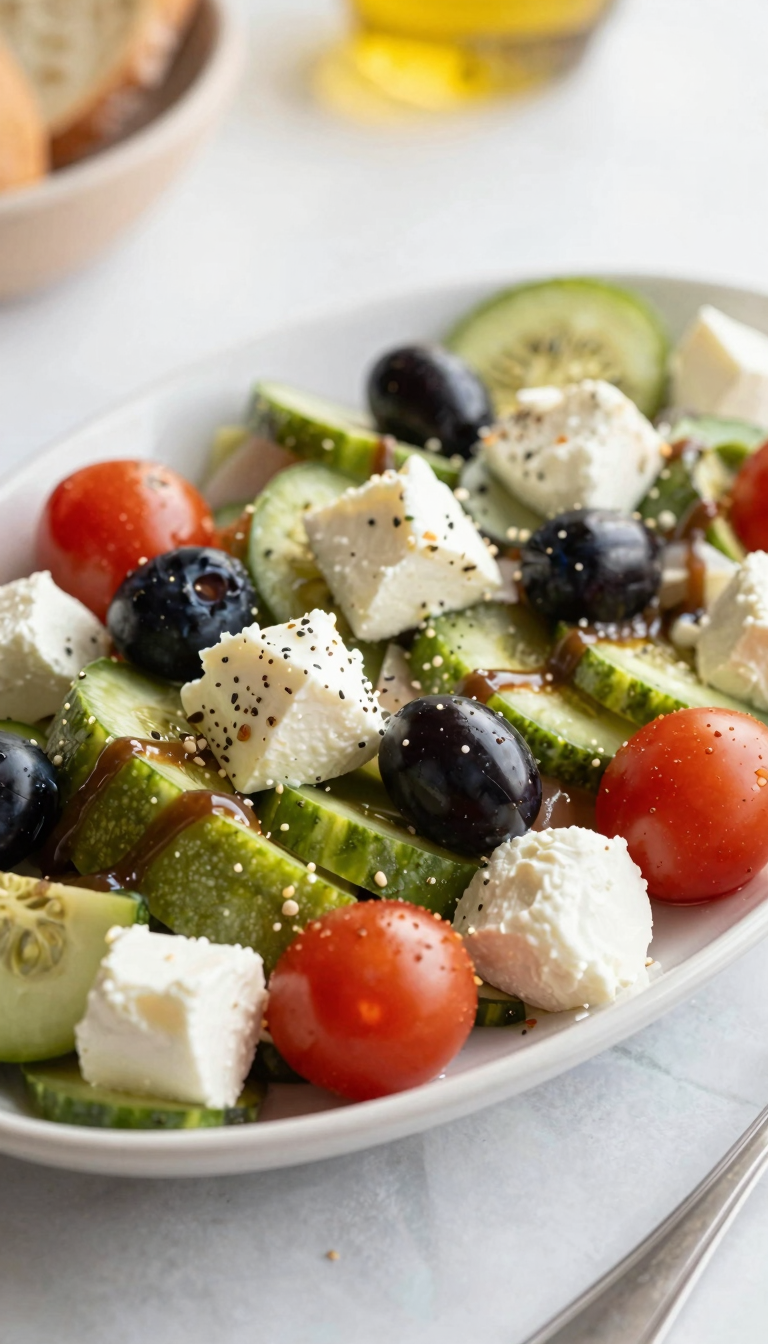 Overhead platter of traditional Greek salad
