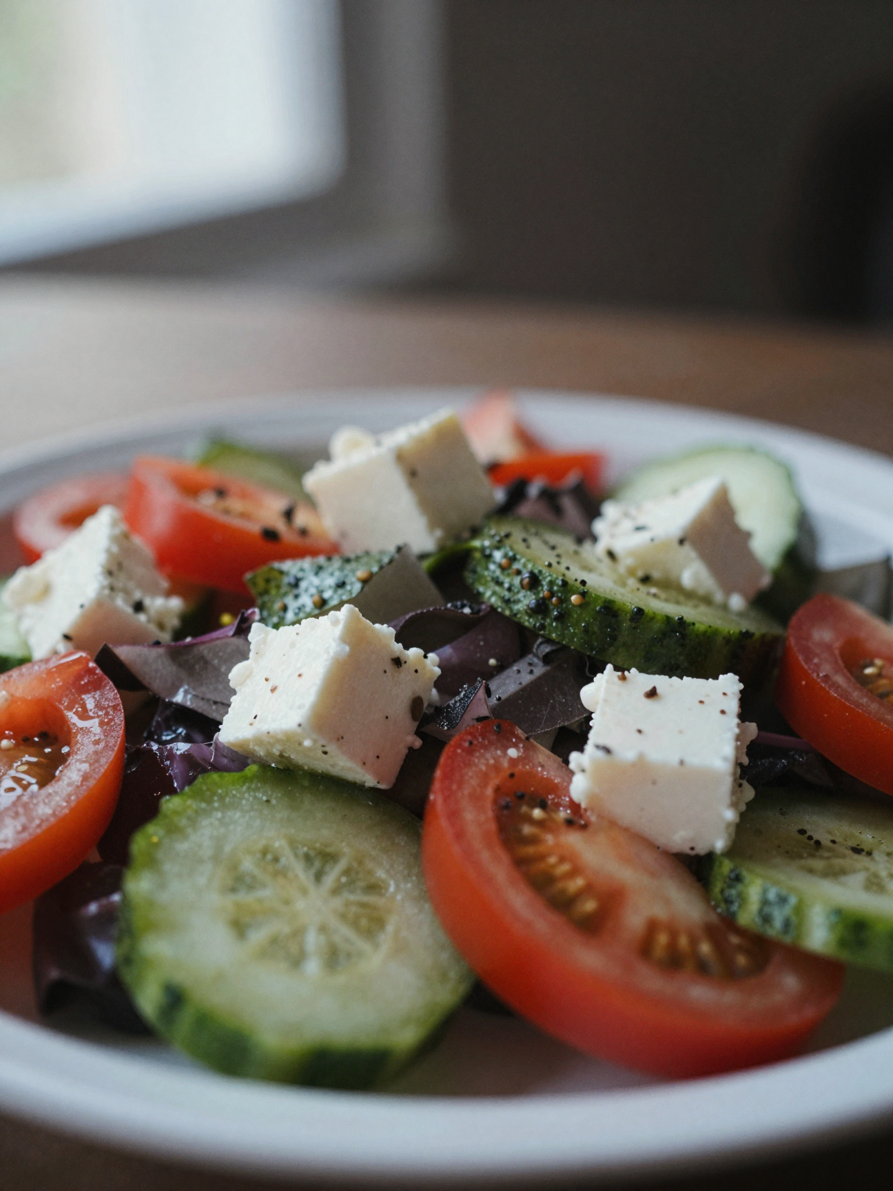 Close-up of Greek salad showing fresh vegetables and feta