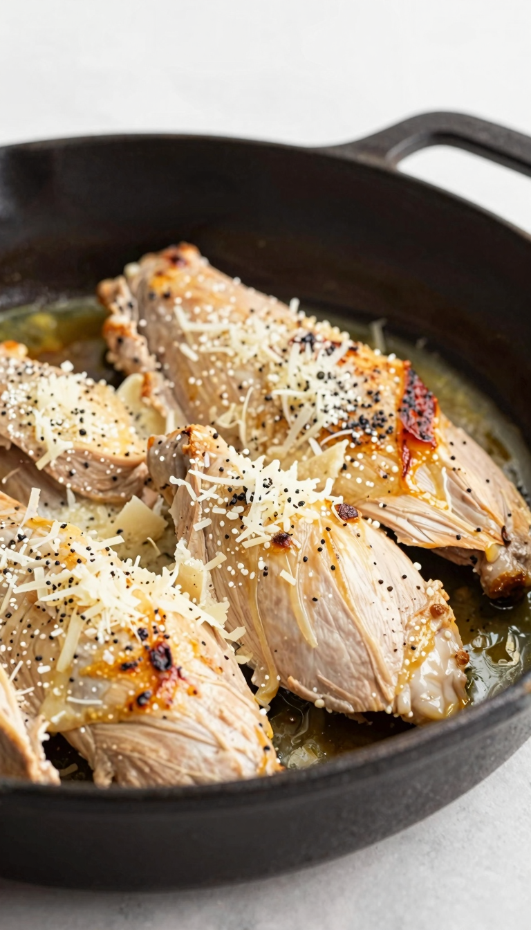Overhead ground turkey skillet topped with parmesan