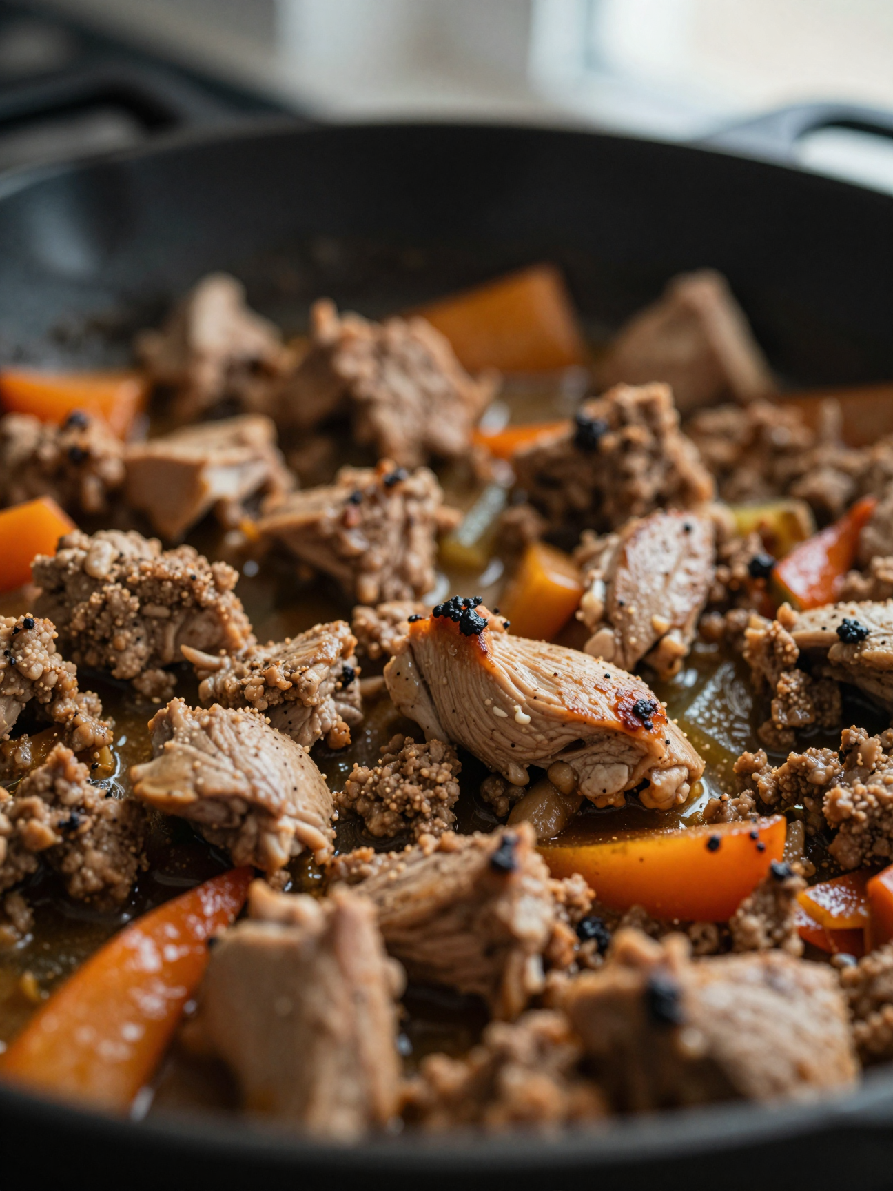 Close-up of ground turkey skillet showing browned turkey and vegetables