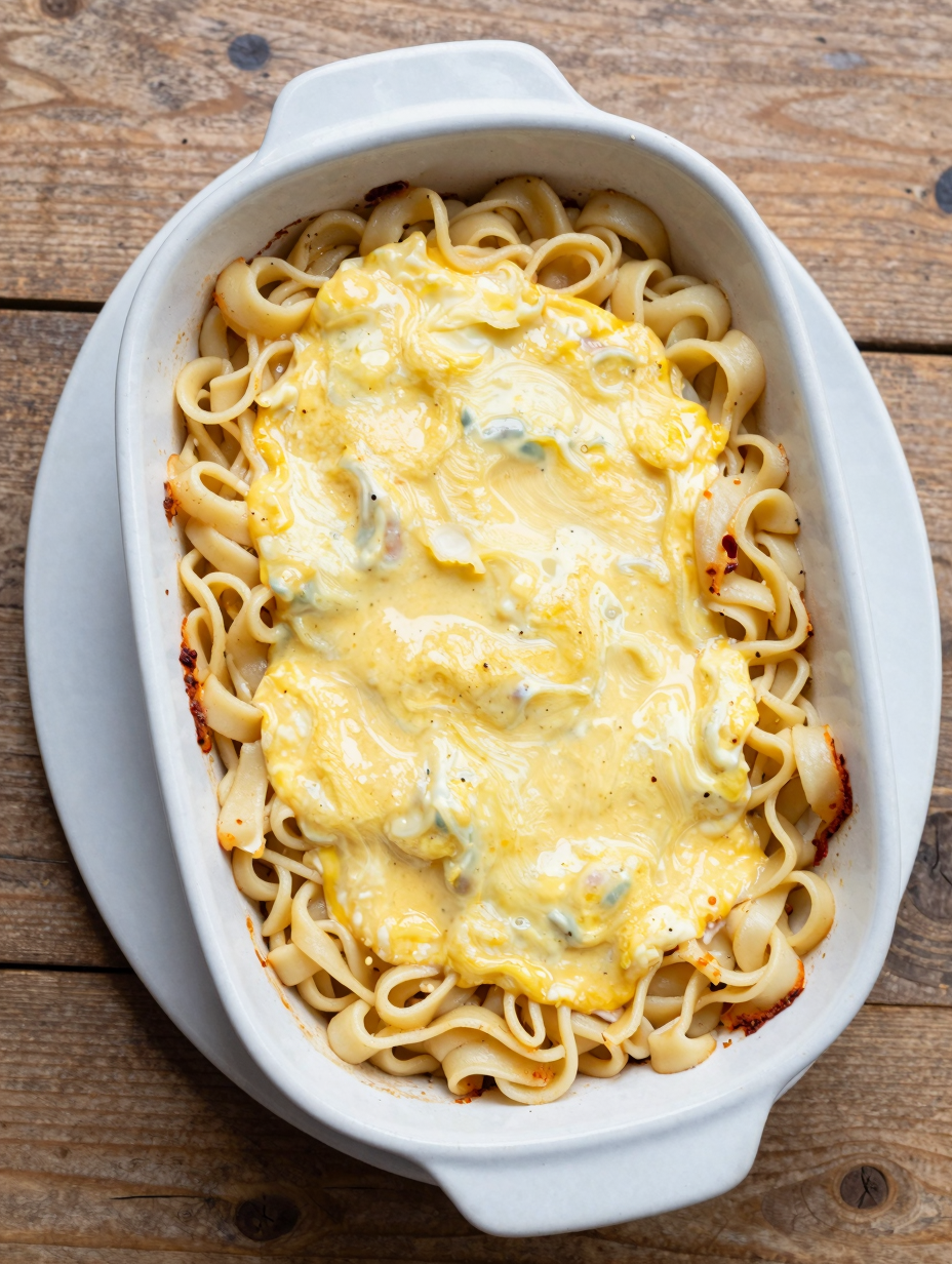 Cheesy hamburger casserole with egg noodles in a baking dish