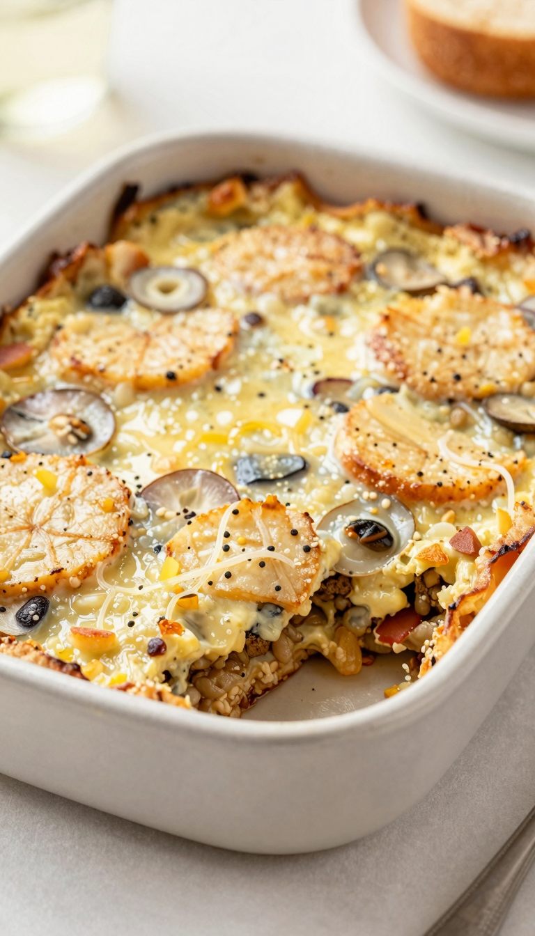 Overhead hamburger casserole fresh from the oven