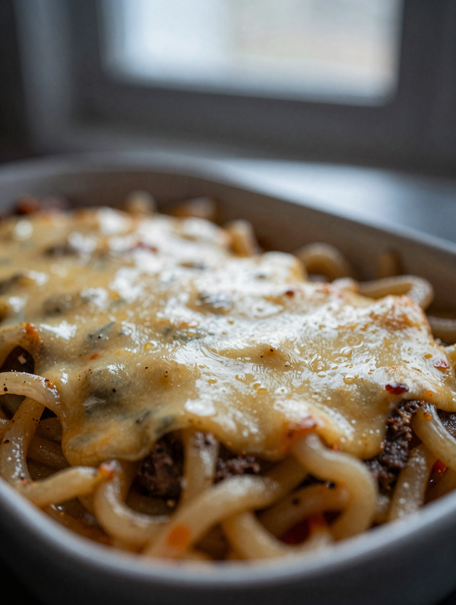 Close-up of hamburger casserole showing melted cheese and noodles