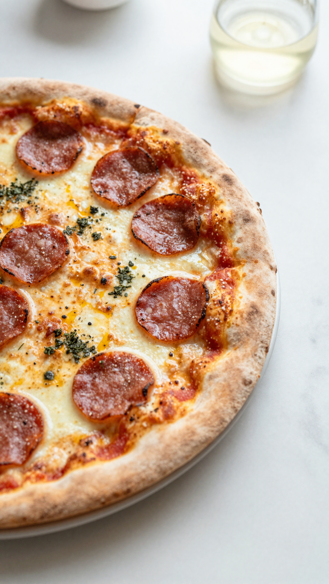 Overhead homemade pizza with pepperoni and herbs
