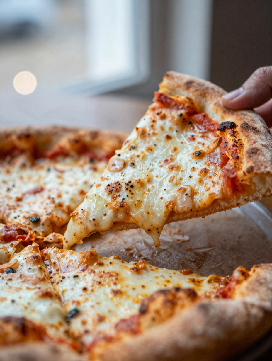 Close-up of pizza slice showing crispy crust and melted cheese