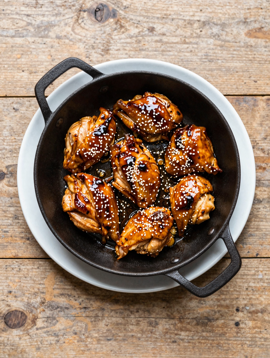 Skillet of honey garlic chicken glazed and topped with sesame seeds
