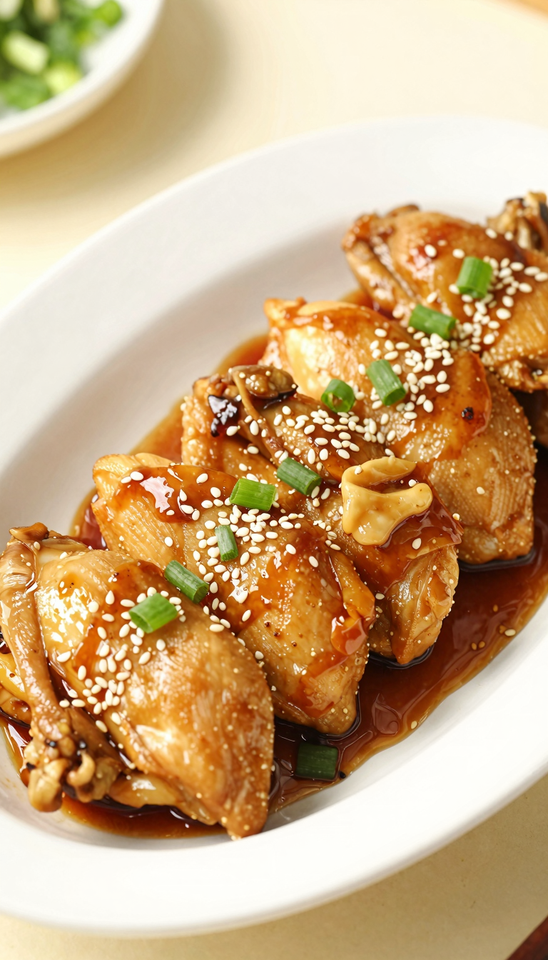 Overhead honey garlic chicken with green onion and sesame garnish