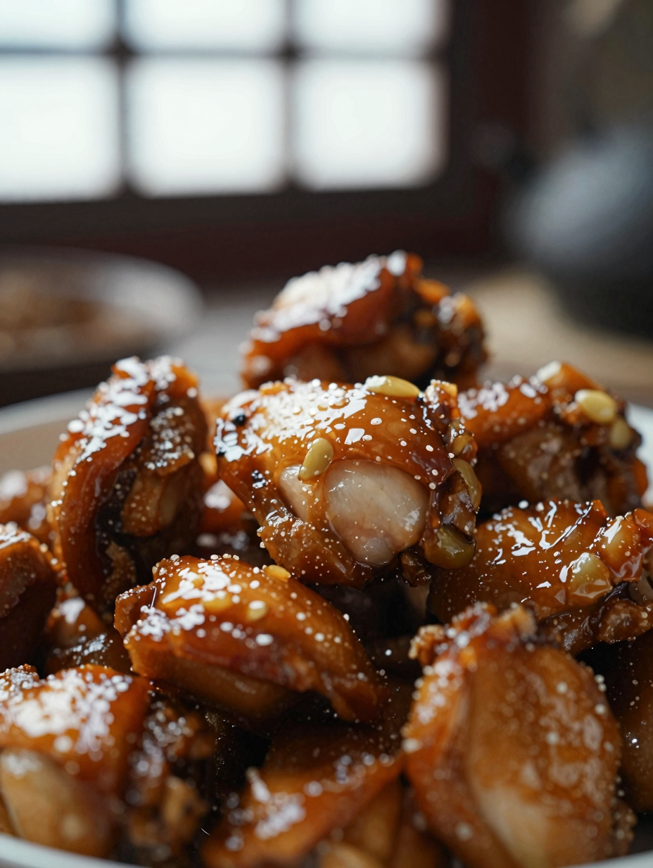 Close-up of honey garlic chicken showing sticky glaze coating