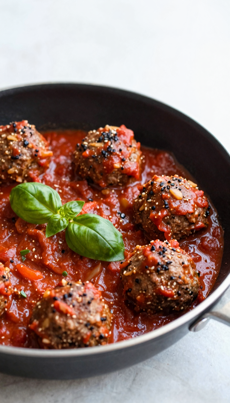 Overhead skillet of Italian meatballs in marinara with basil