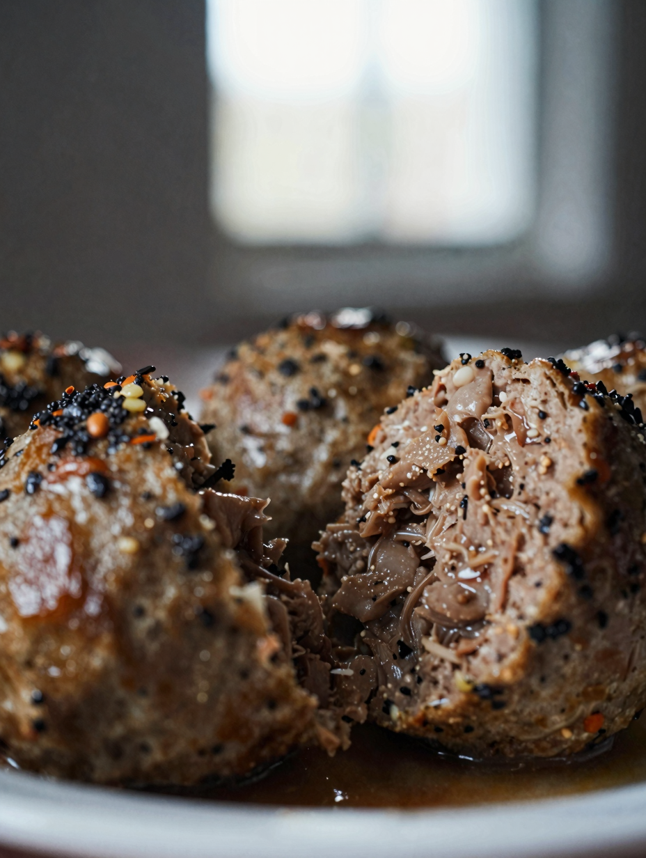 Close-up of Italian meatball cut open showing tender interior
