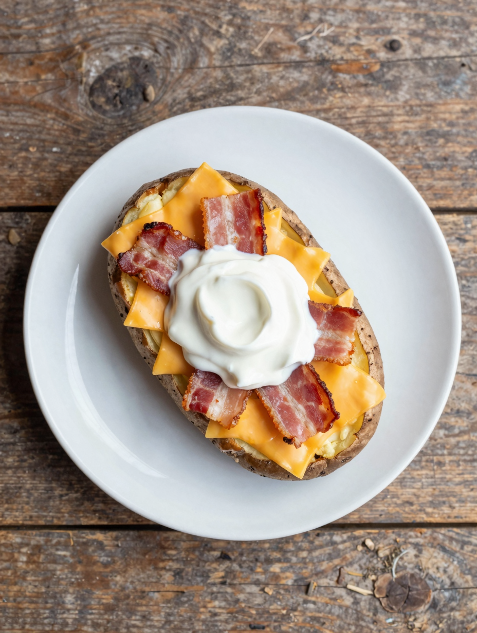 Loaded baked potato topped with cheese, bacon and sour cream