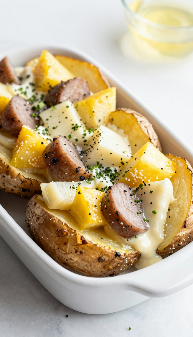Overhead loaded baked potatoes with all the toppings
