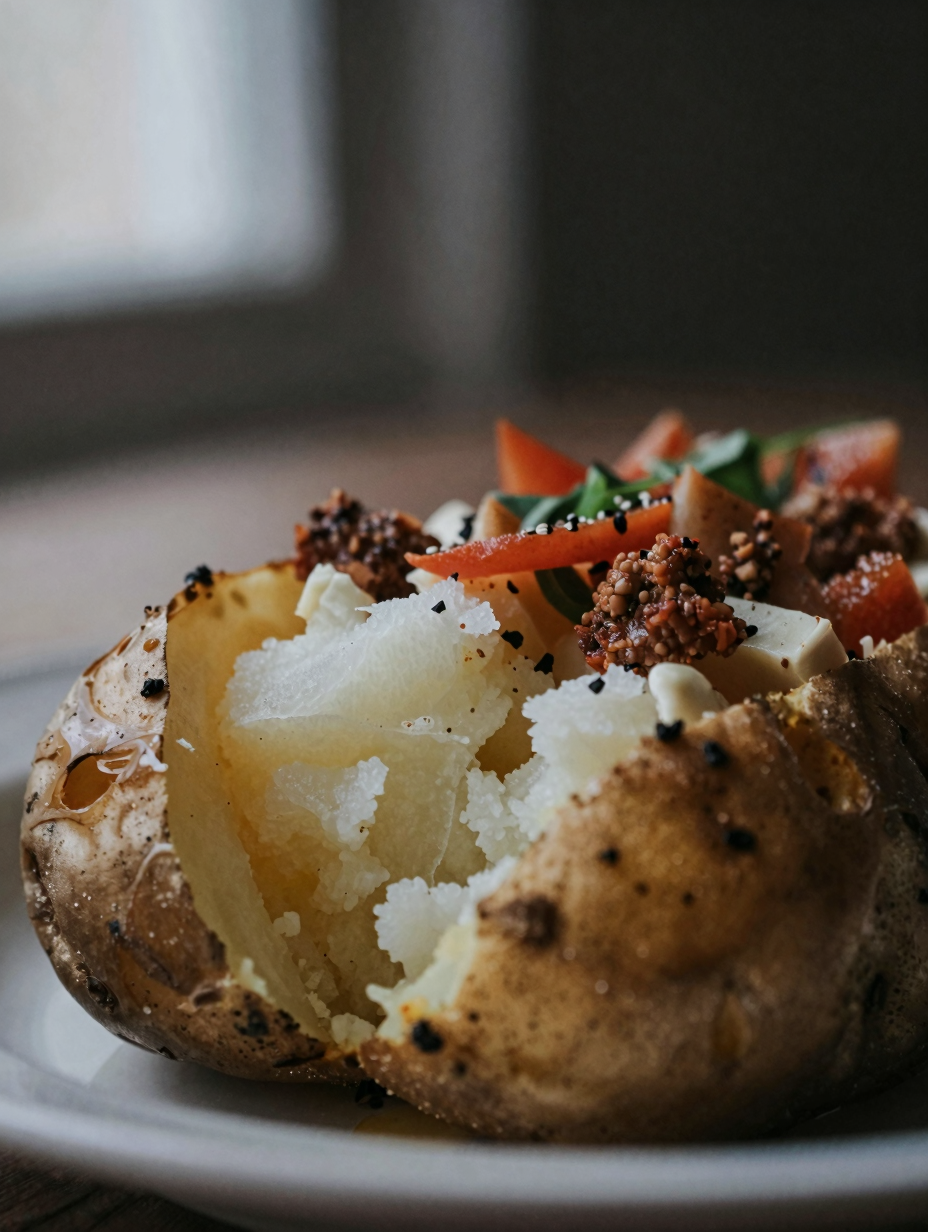 Close-up of loaded baked potato showing fluffy interior and toppings