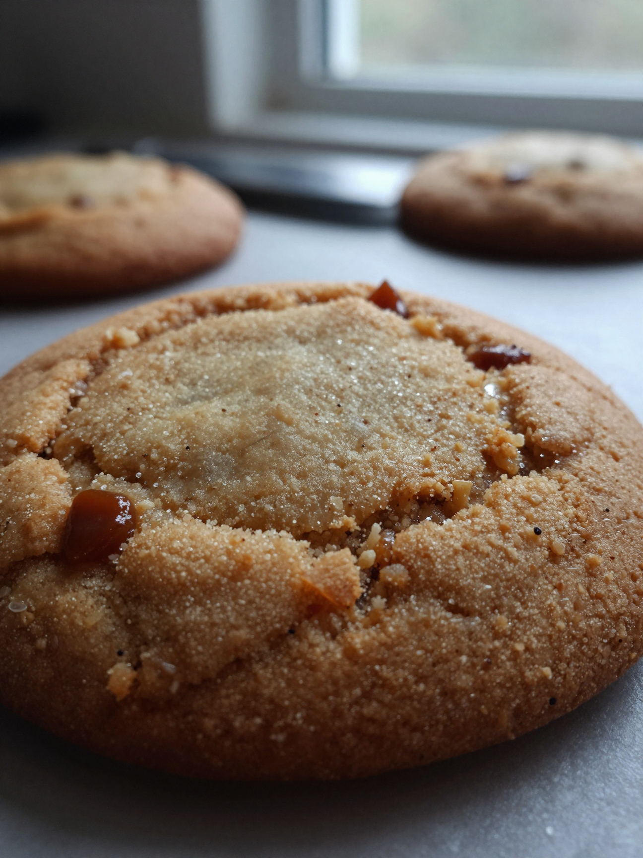 Close-up of molasses cookie showing soft spiced crumb