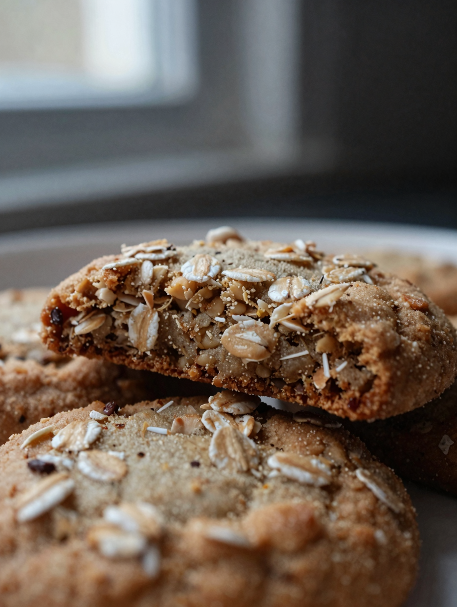 Close-up of oatmeal cookie showing chewy oat texture