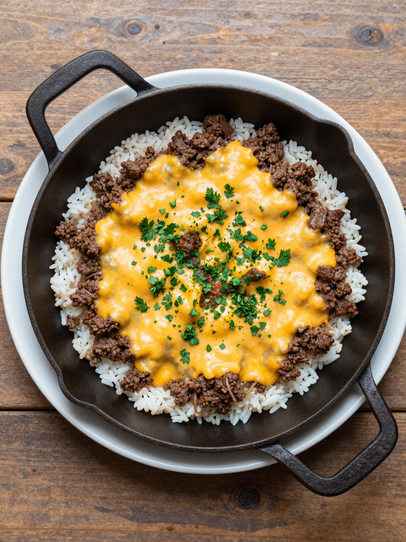 Skillet of ground beef, rice and melted cheddar cheese garnished with parsley