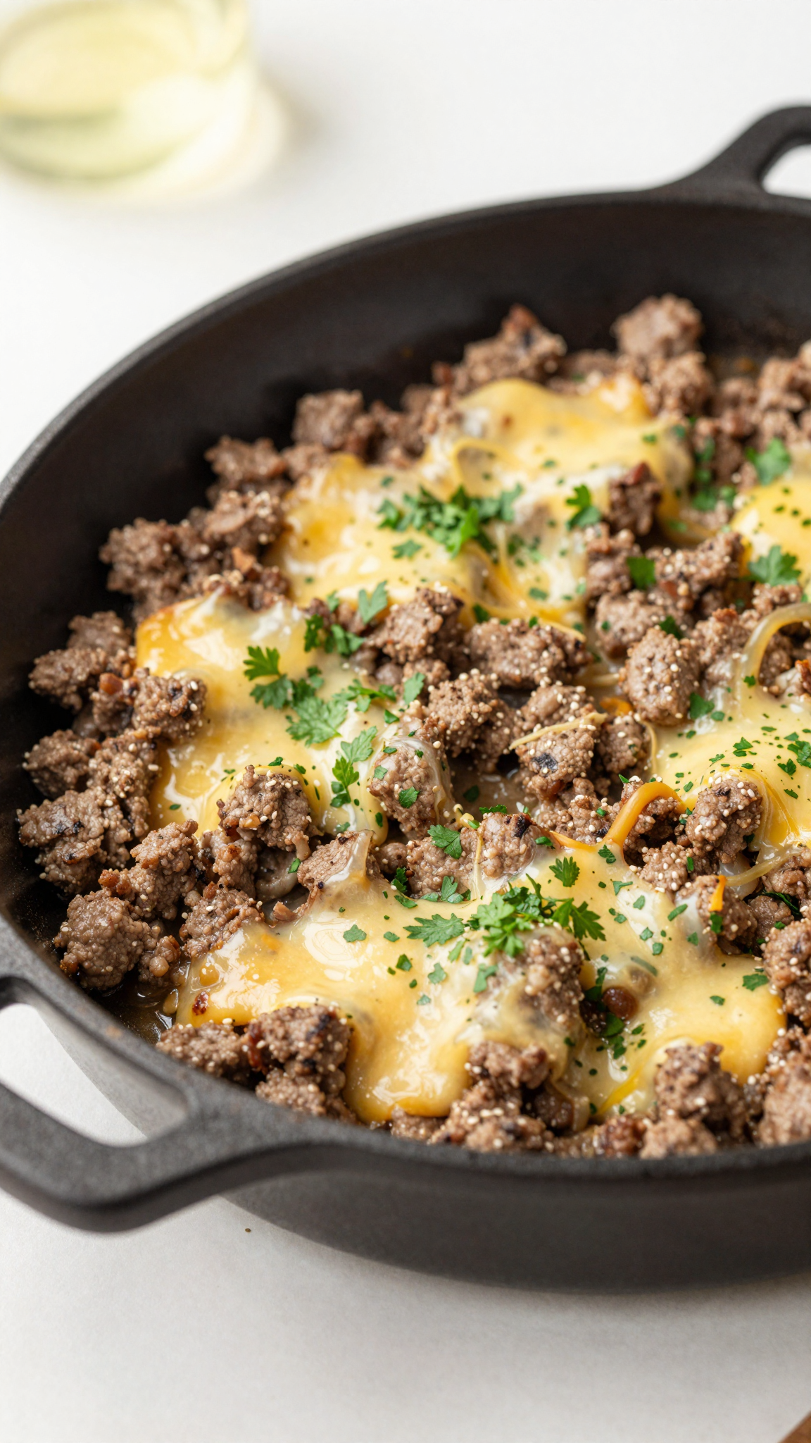 Overhead shot of one-pan ground beef skillet with cheese and parsley