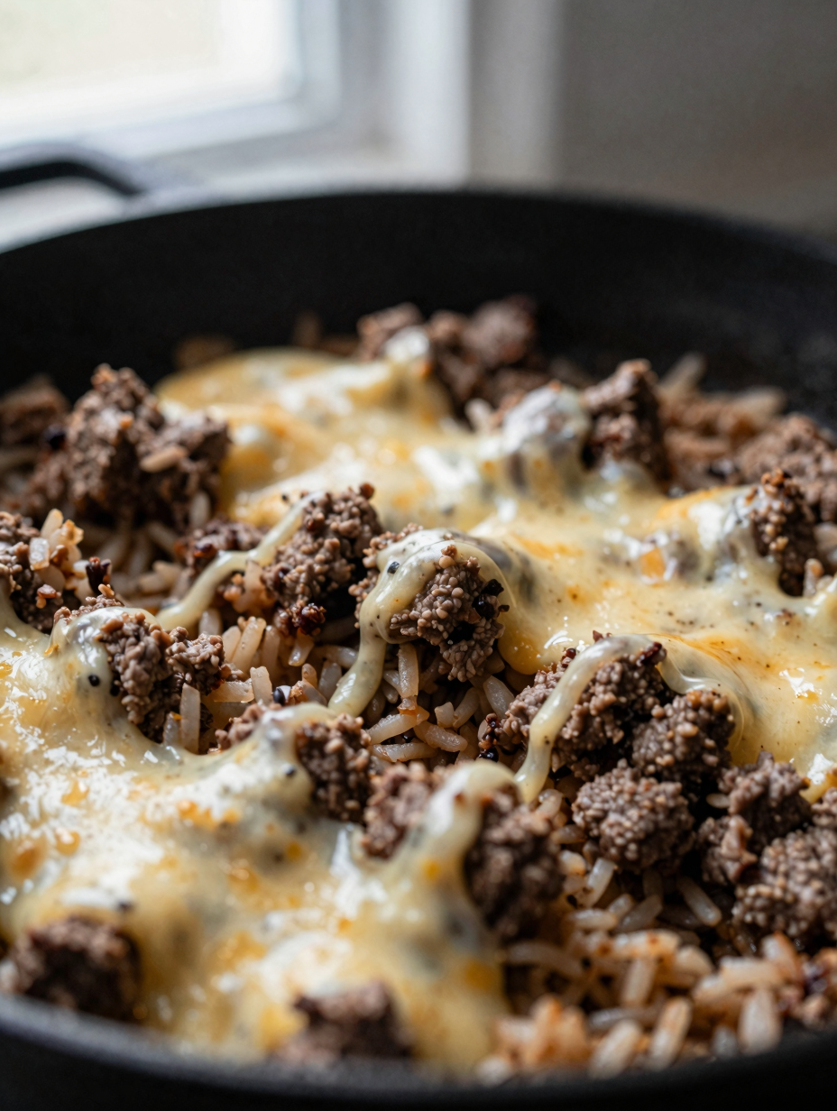 Close-up of ground beef skillet showing rice and melted cheese texture