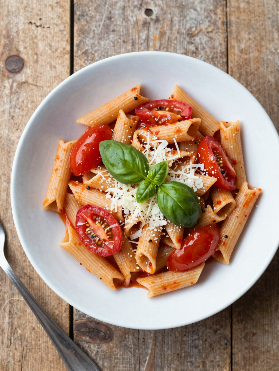 Pot of one-pot pasta with tomatoes, basil and parmesan