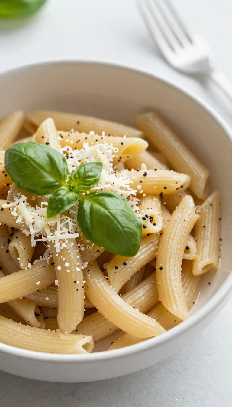 Overhead bowl of one-pot pasta topped with basil and parmesan