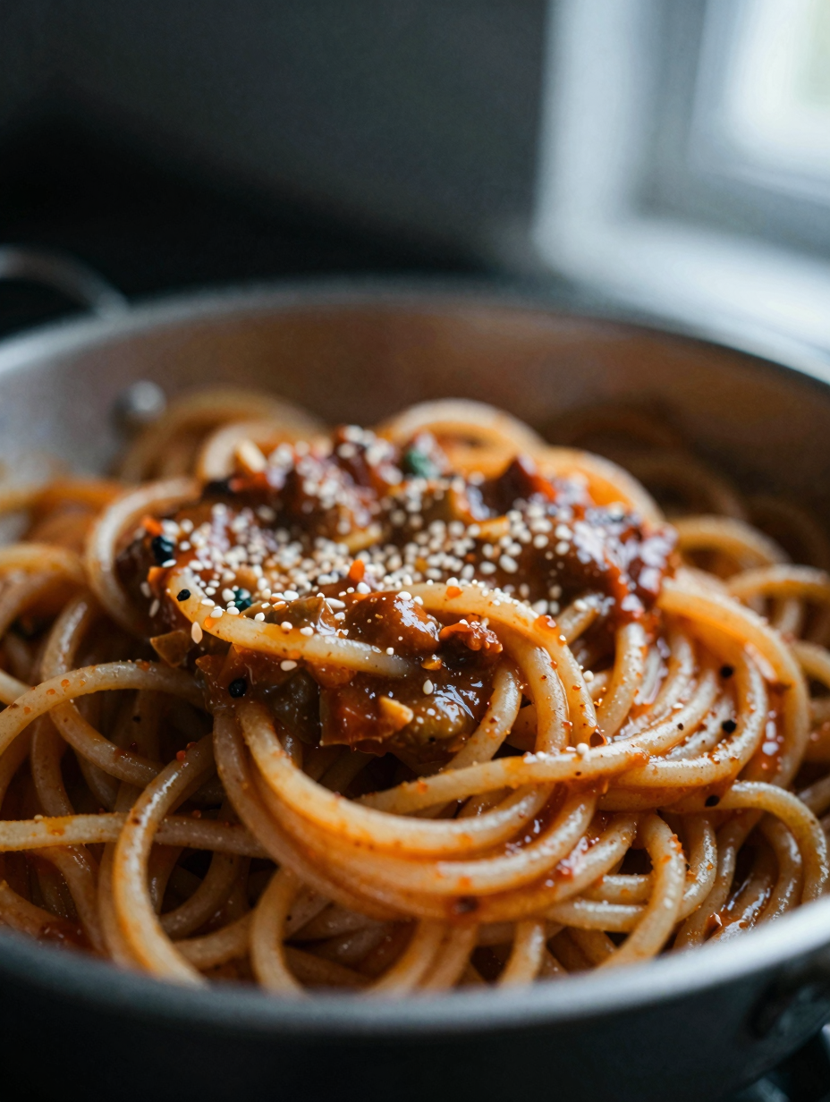 Close-up of one-pot pasta showing sauce clinging to the noodles