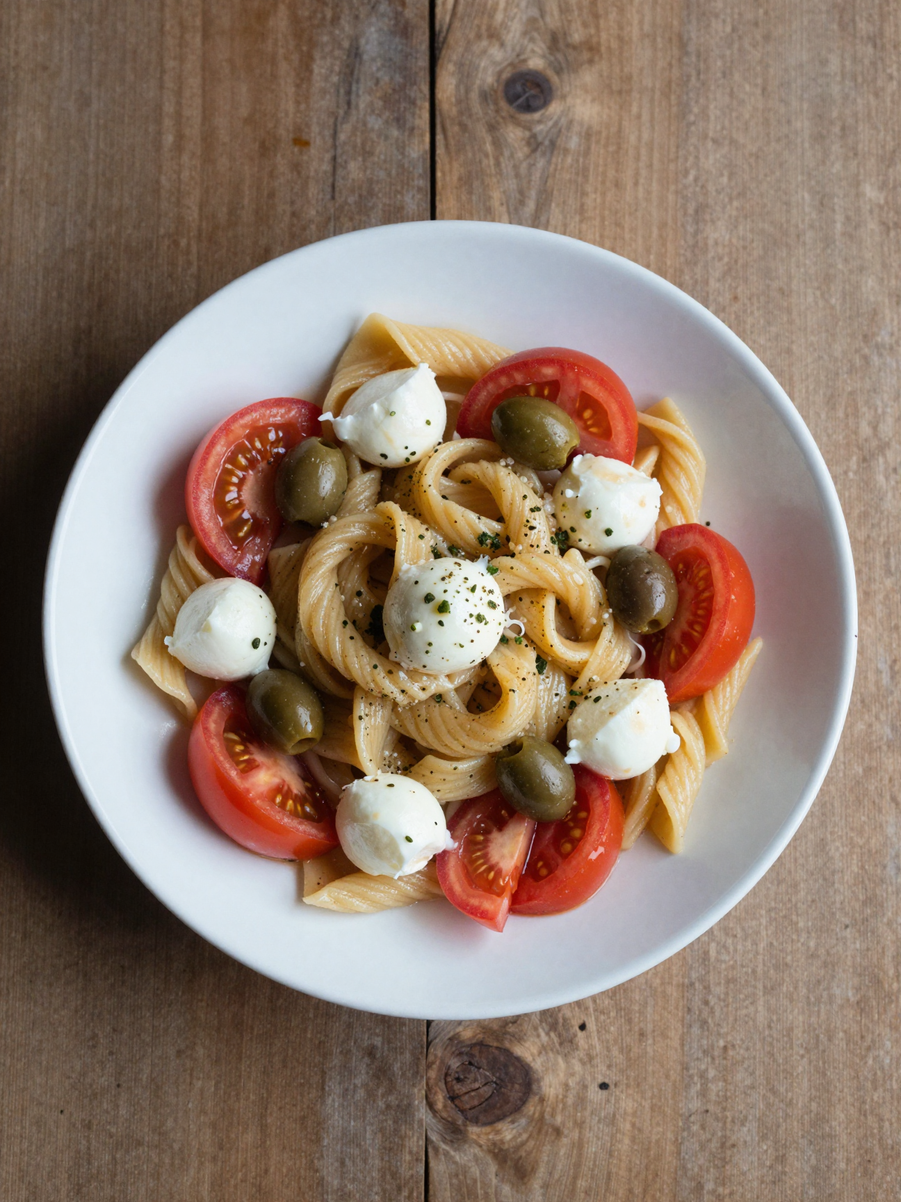 Bowl of pasta salad with tomatoes, mozzarella and olives