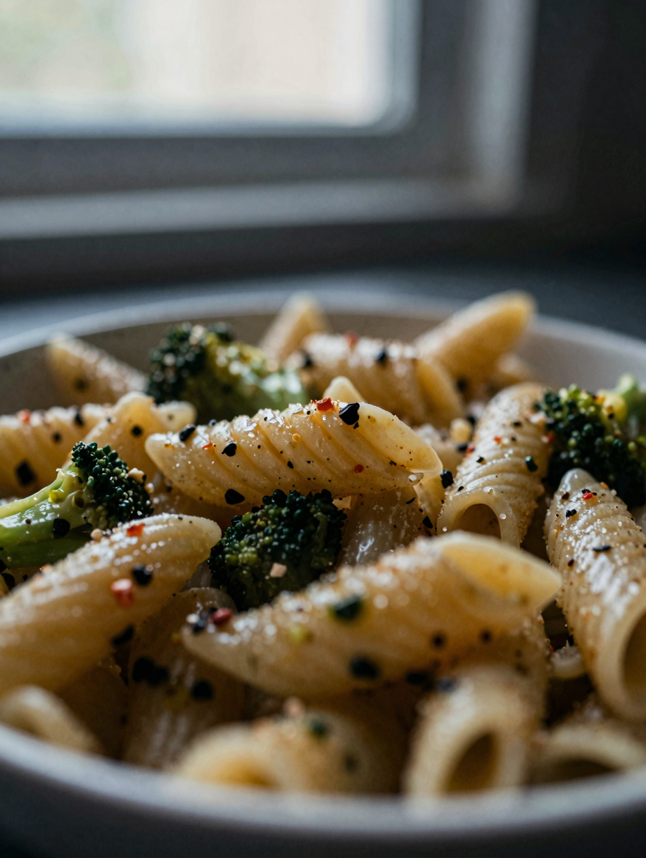 Close-up of pasta salad showing dressing coating the pasta and vegetables