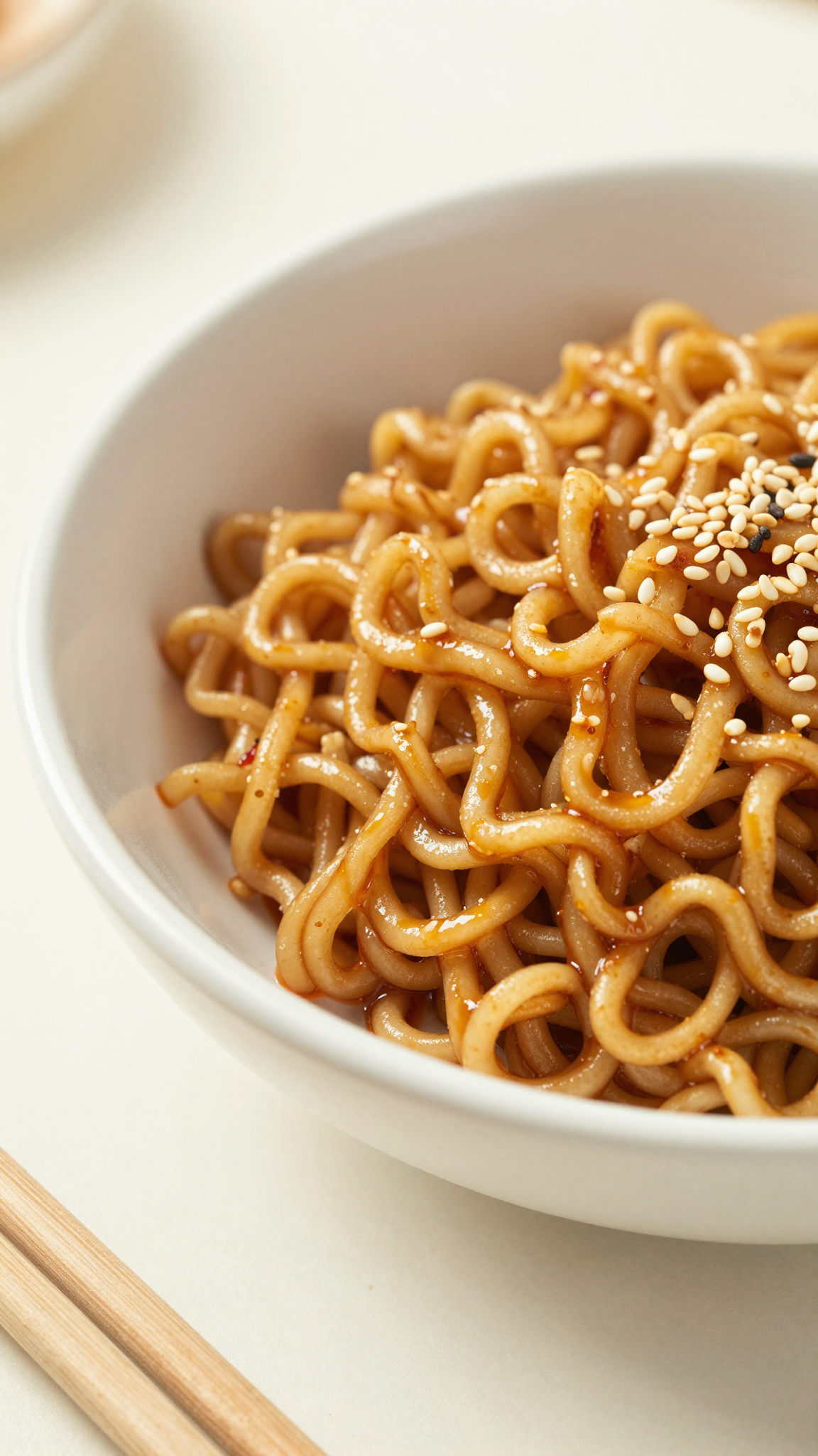 Overhead bowl of ramen noodle stir fry with sesame garnish