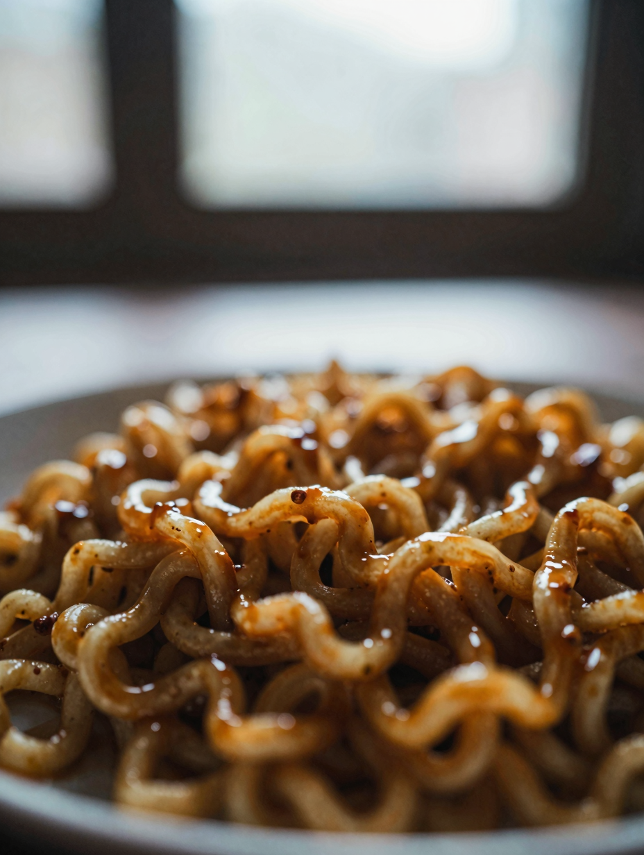 Close-up of ramen noodles coated in glossy stir fry sauce