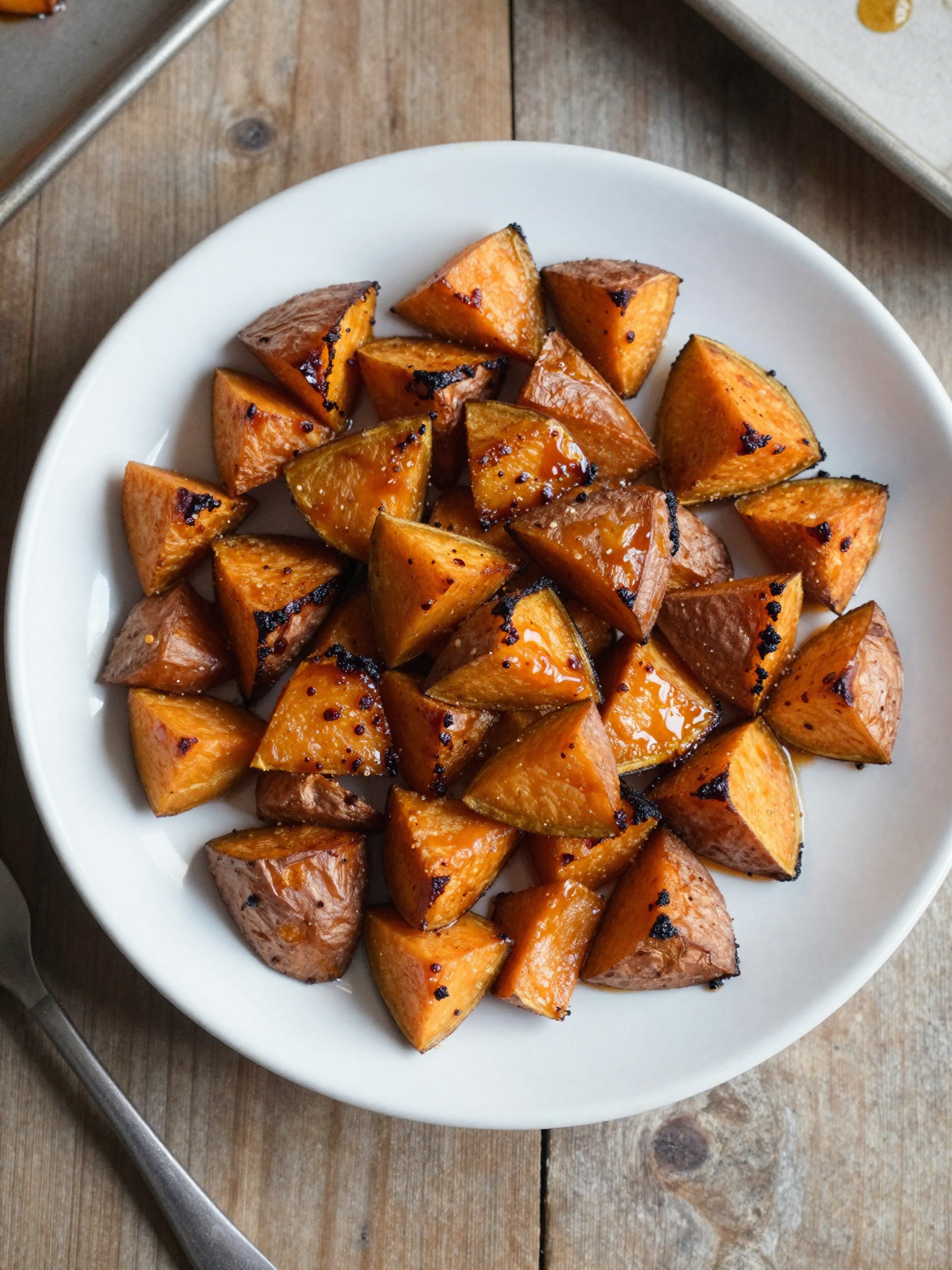 Roasted sweet potato cubes with caramelized edges on a sheet pan