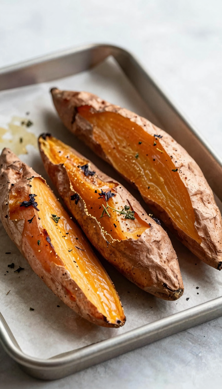 Overhead sheet pan of roasted sweet potatoes with herbs