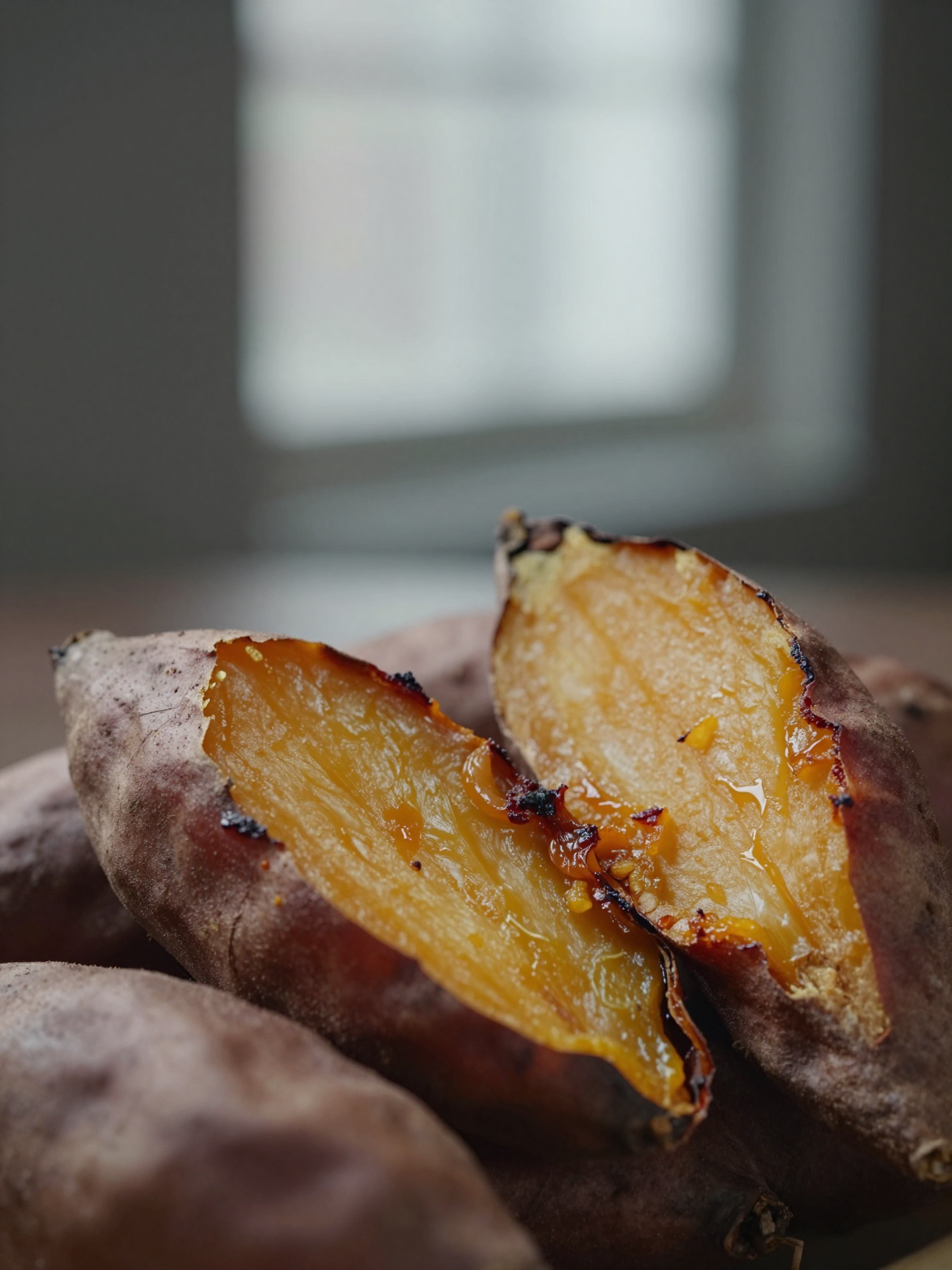 Close-up of roasted sweet potatoes showing crispy caramelized edges