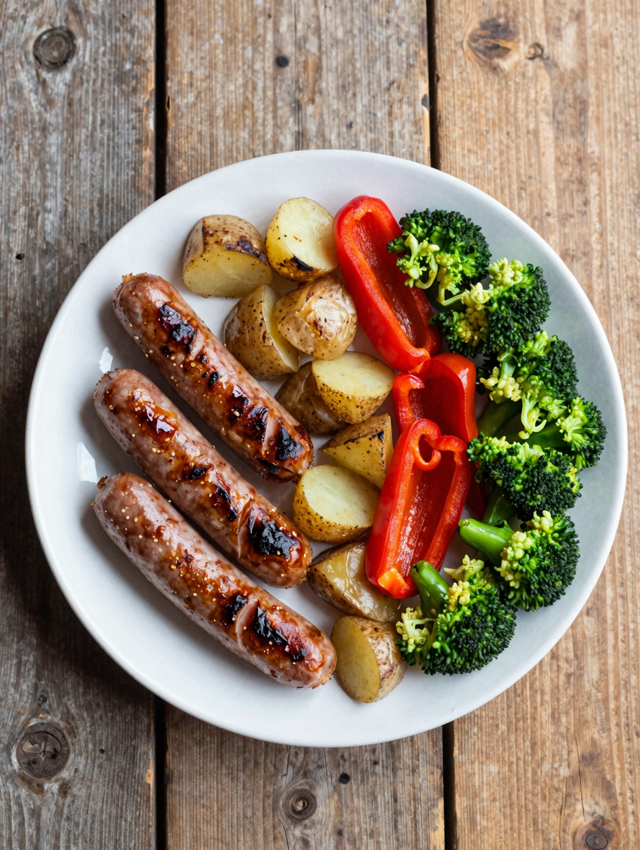 Sheet pan of roasted sausage, potatoes, bell peppers and broccoli