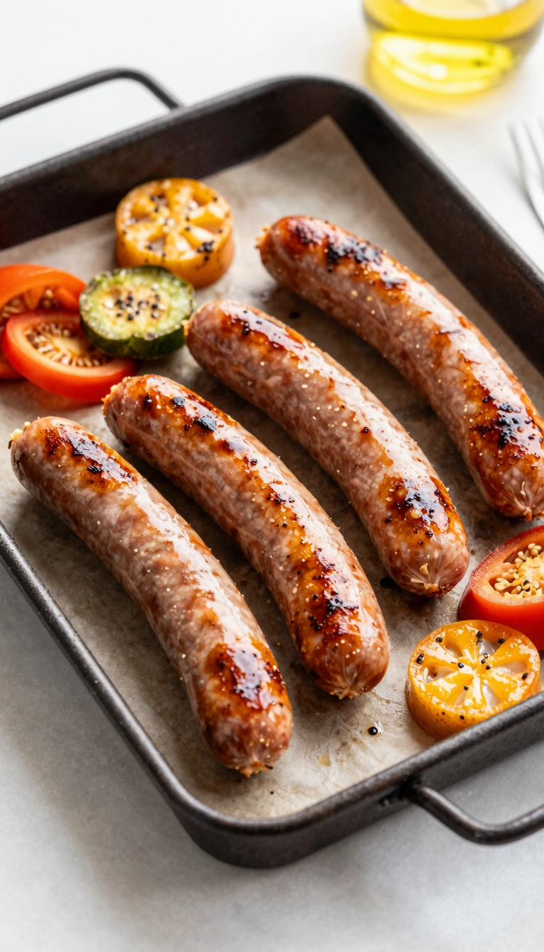 Overhead sheet pan sausage and vegetables ready to serve