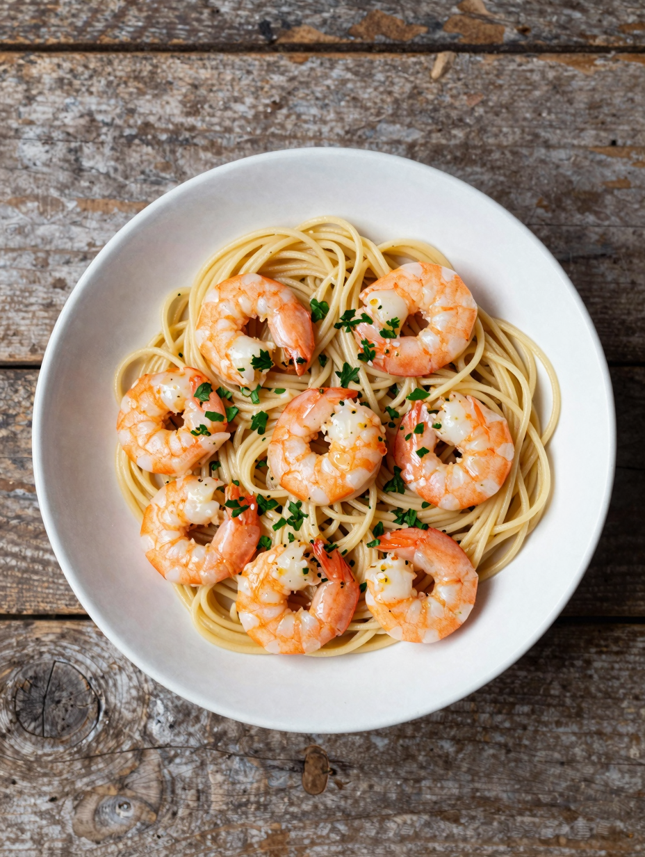 Bowl of shrimp pasta with garlic butter sauce and parsley