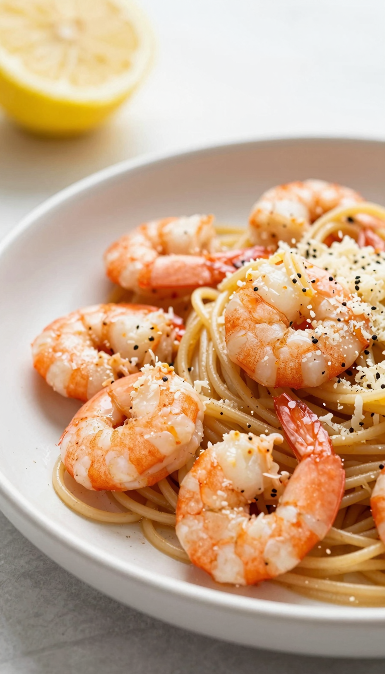 Overhead shrimp pasta with lemon and parmesan