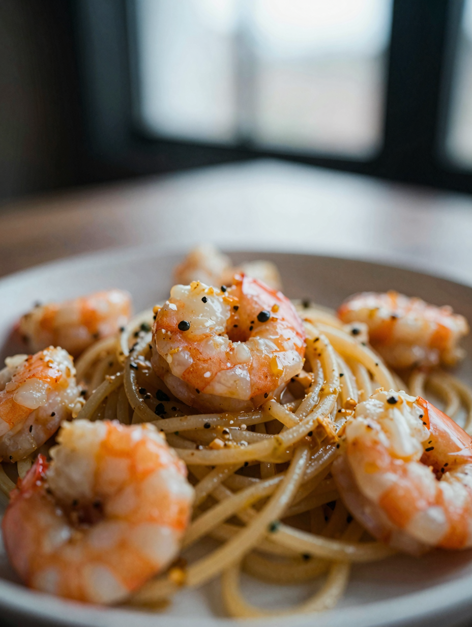 Close-up of shrimp pasta showing glossy garlic butter sauce
