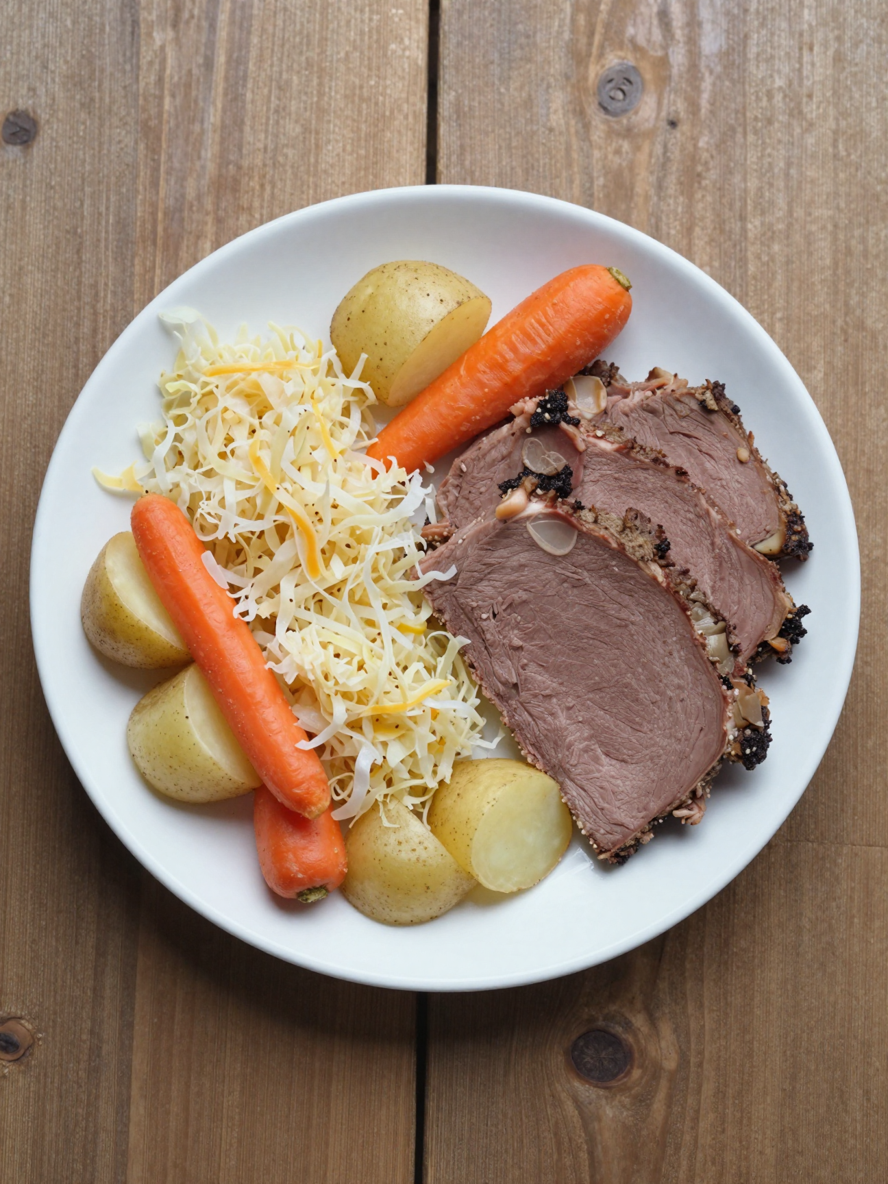 Sliced corned beef with cabbage, carrots and potatoes