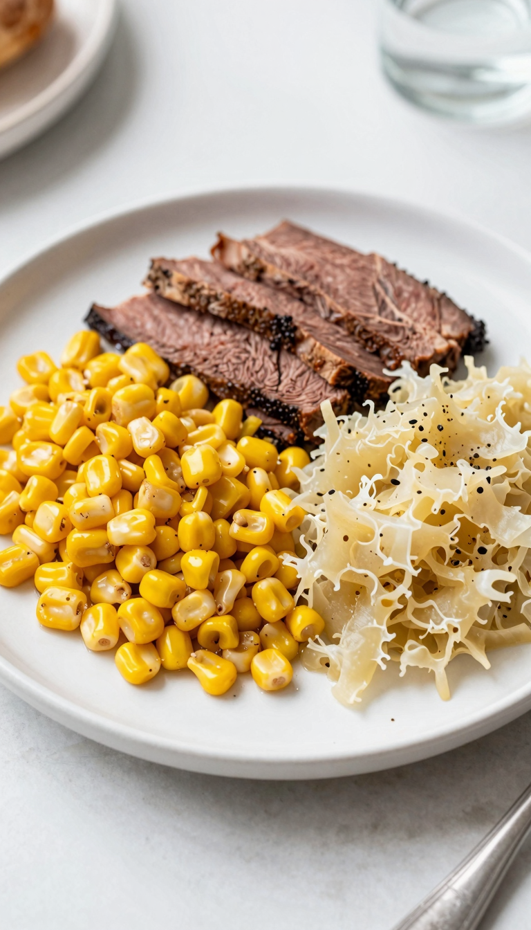 Overhead plate of corned beef and cabbage dinner